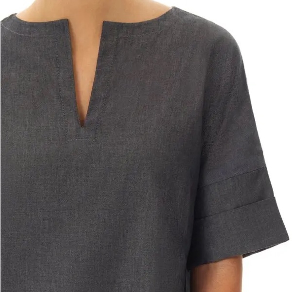 Ming Wang Gray Split Neck Cotton Shift Dress - image 3